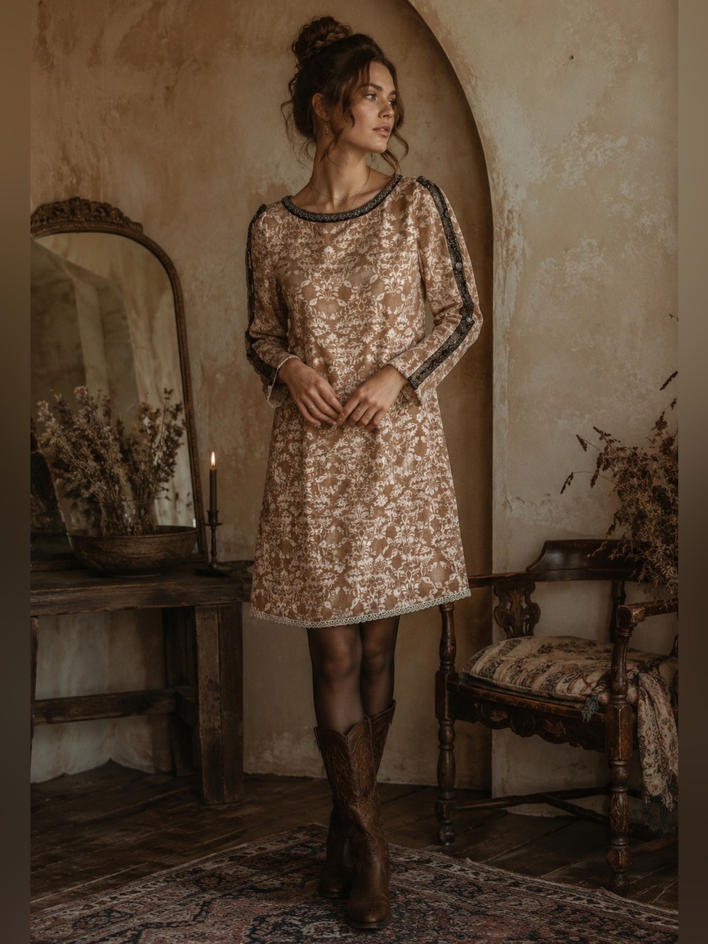 SUNDANCE Champagne Dreams Damask Floral Velvet Dress Beaded Boho 8 Romantic Chic - Picture 2 of 16